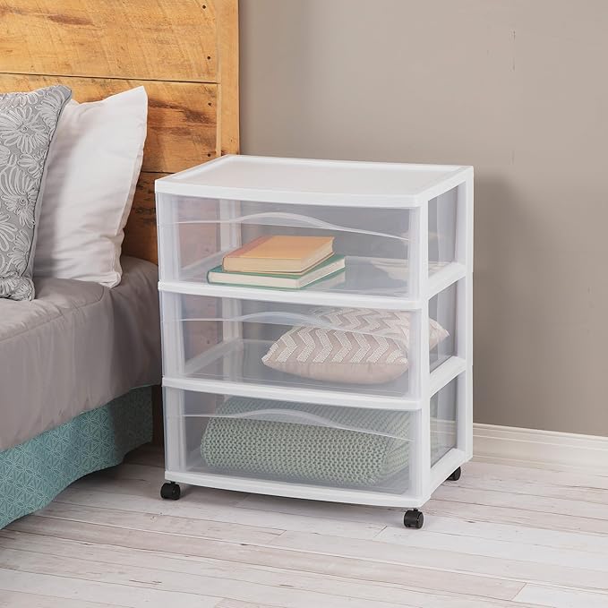 Sterilite 3 Pack Wide 3 Drawer Storage Cart, Plastic Organizer with Wheels, White - Multipurpose Bin for Clothes, Accessories, or Home Accessories