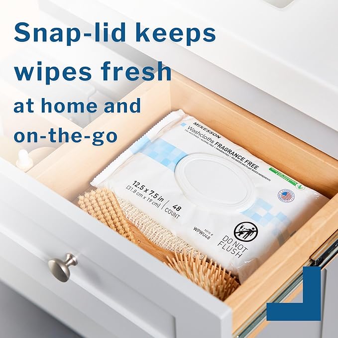 McKesson Washcloth Wipes, Unscented - Disposable Wet Wipes for Adults - Fragrance-Free, Paraben-Free - No-Rinse Formula, 48 Count, 12 Packs, 576 Total