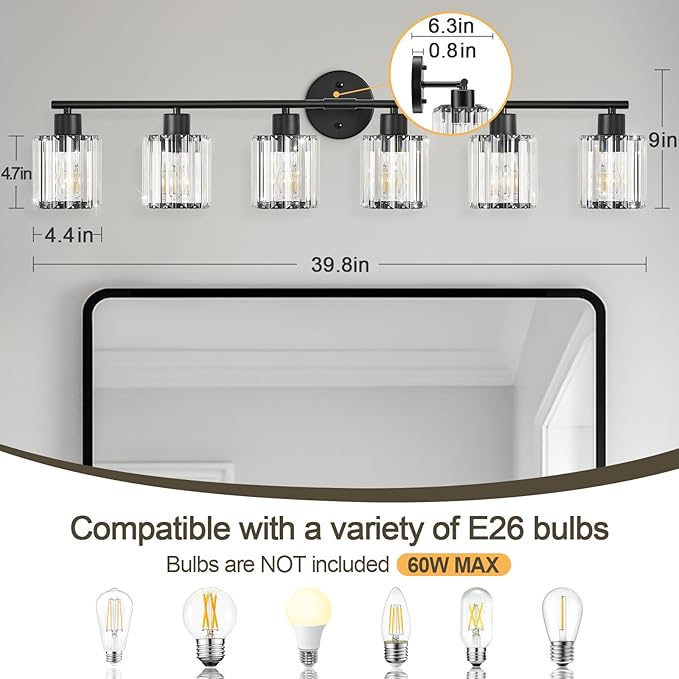 Crystal Bathroom Light Fixtures, Bathroom Lighting Fixtures Over Mirror, Modern Black Gold 5-Light Vanity Lights for Mirror,Restroom, Bedroom (Ceramic E26 Socket,Bulbs Not Include)