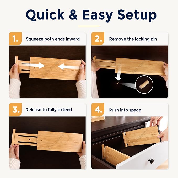 Fabsome Drawer Divider 6 Pack, Bamboo Kitchen Dividers Organizers Adjustable 17''-22'', Wooden Dresser Separators for Nursery Organization Clothes Socks Underwear Baby Clothing, with Soft Foam Ends