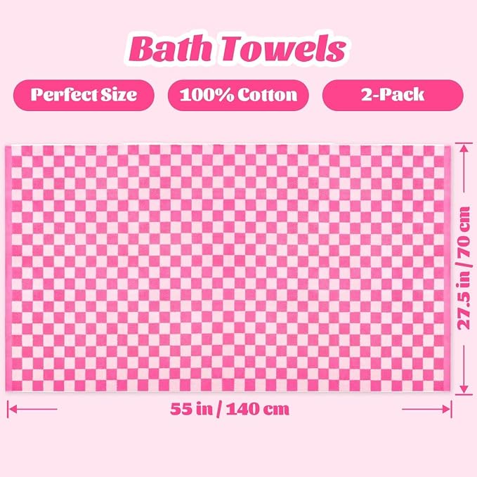 Jacquotha Hot-Pink Checkered Cotton Bath Towels Set of 2 | Cute Aesthetic Bathroom Towels for Women Girls Teens, Bathroom Decor 27.5" x 55"