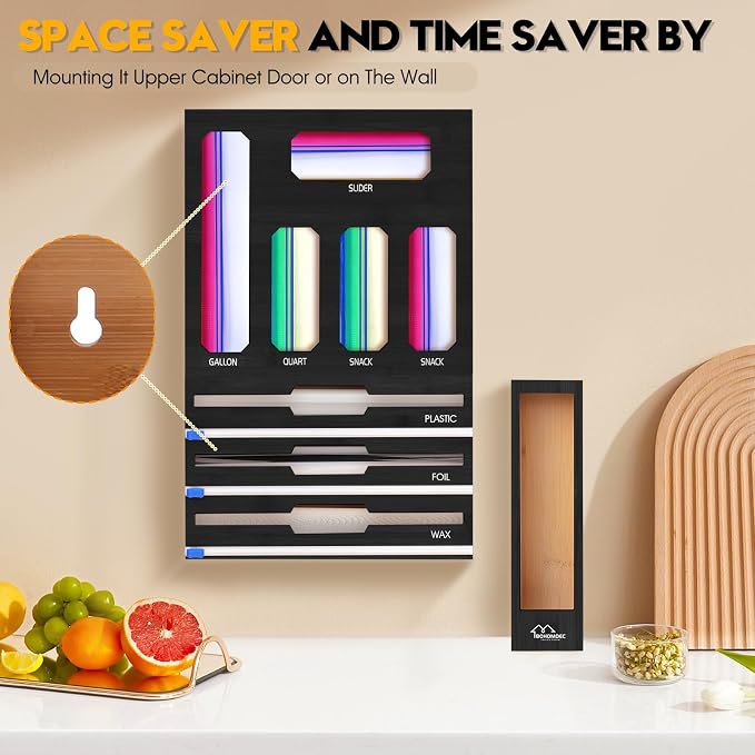 9 in 1 Foil and Plastic Wrap Dispenser with Cutter, Black Bamboo Ziplock Bag Organizer for Drawer - Holds Gallon, Quart Bags & Aluminum Foil/Wax Paper, Wall Mountable Kitchen Storage