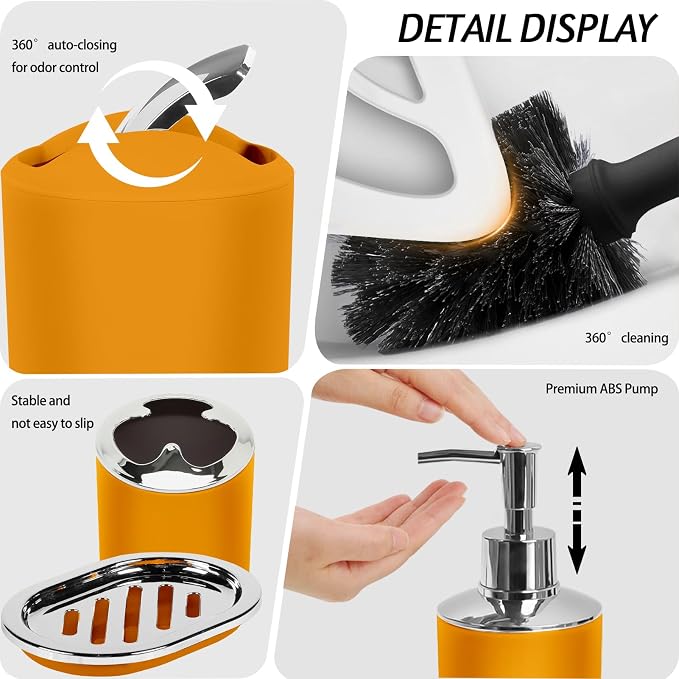Lnond Orange Bathroom Set, 23-Piece Orange Abstract Bathroom Decor Set with with Shower Curtain and Rugs, Trash Can, Toilet Brush Holder Set & Soap Dispenser