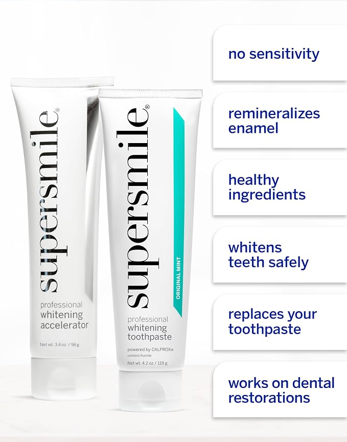 Supersmile Professional Whitening System, Toothpaste + Accelerator, 4.2 Oz | 2-Step Calprox® System, Whitens Up to 7 Shades in 7 Days, RDA 65 Low Abrasion, Veneer Safe, Cavity Protection