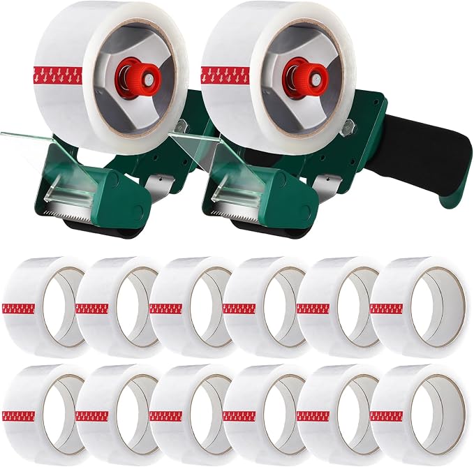 Dunzoom 2 Pack Packing Tape Dispenser Gun with 12 Roll Packing Tape 2 Inch Gun 2.7 Mil Heavy Duty Packaging for Shipping, Moving, Carton and Box Sealing (Green)