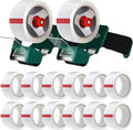 Dunzoom 2 Pack Packing Tape Dispenser Gun with 12 Roll Packing Tape 2 Inch Gun 2.7 Mil Heavy Duty Packaging for Shipping, Moving, Carton and Box Sealing (Green)
