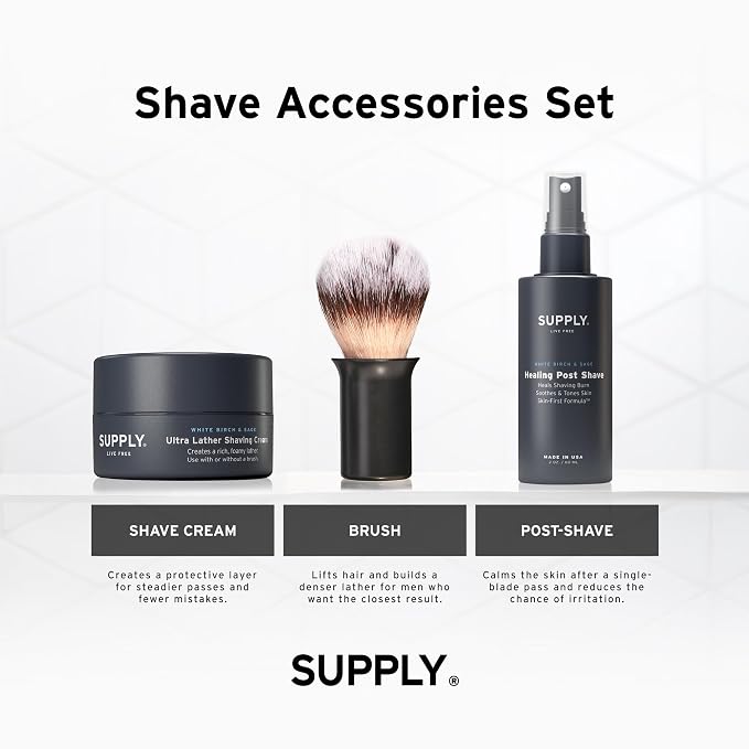 SUPPLY Men’s Shave Accessories Set – Ultra Lather Shaving Cream 3.4oz, Alcohol-Free Aftershave Spray 2 oz, and Synthetic Shaving Brush – White Birch & Sage/Matte Black