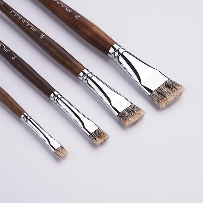 Fuumuui Professional Paint Brush Set, 4Pcs Natural Badger Hair with Flat Shape Blending Mop Oil Paint Brushes for Acrylic Painting Oil and Gouache