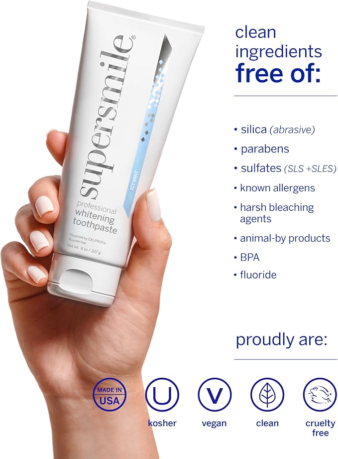 Supersmile ICY Mint Whitening Toothpaste, Fluoride-Free, 8 Oz | Calprox® Powered, Whitens 5.5 Shades in 7 Days, Frosty Peppermint Menthol Crystals, Veneer Safe, Sensitivity-Free