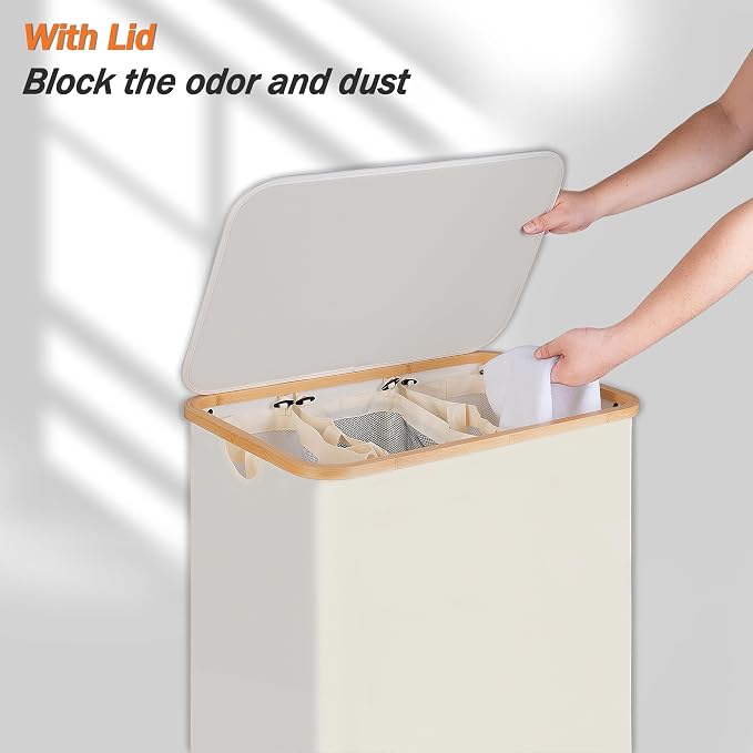 efluky Laundry Hamper with Lid, Trio Laundry Basket with 2 Removable Bags, 3 Section Laundry Bin with Bamboo Handles for Bathroom, Bedroom & Laundry Room, 160L (42.3 Gallon) Beige