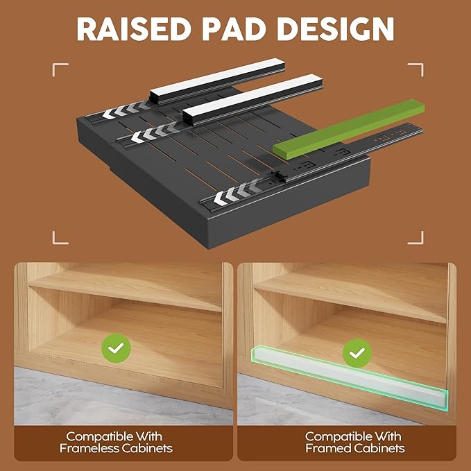 Seinloes 4Pack Expandable Pull Out Cabinet Organizer 21"Deep With Raising Pad for Framed Cabinets,Slide Out Drawers with 4pcs Divider Racks,Roll Out Shelves Adhesive,Adjustable Width 12.05"-20.4"Black