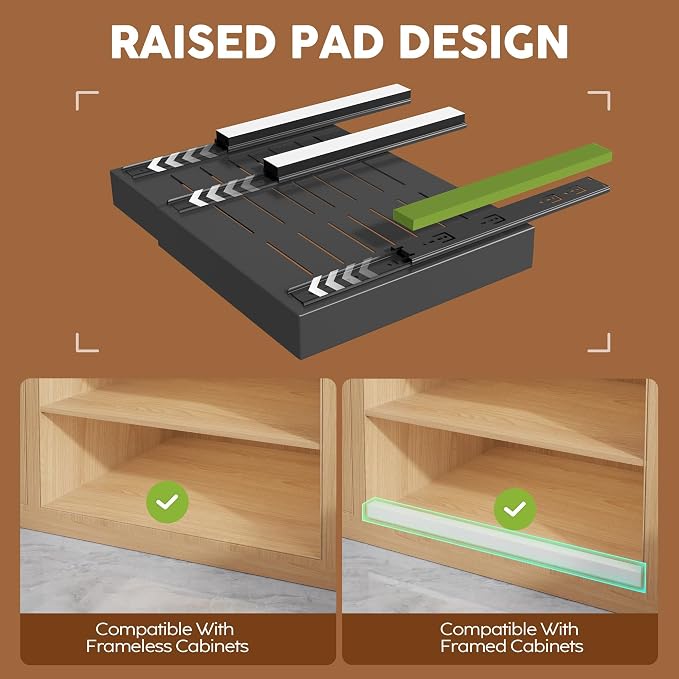 Seinloes 2 Pack Expandable Pull Out Cabinet Organizer 16.5"Deep With Raising Pad for Framed Cabinets,Upgrade 3 Slide Rails Slide Out Drawers,No Drill Roll Out Shelves,Adjustable Width 12.2"-20.4"Black