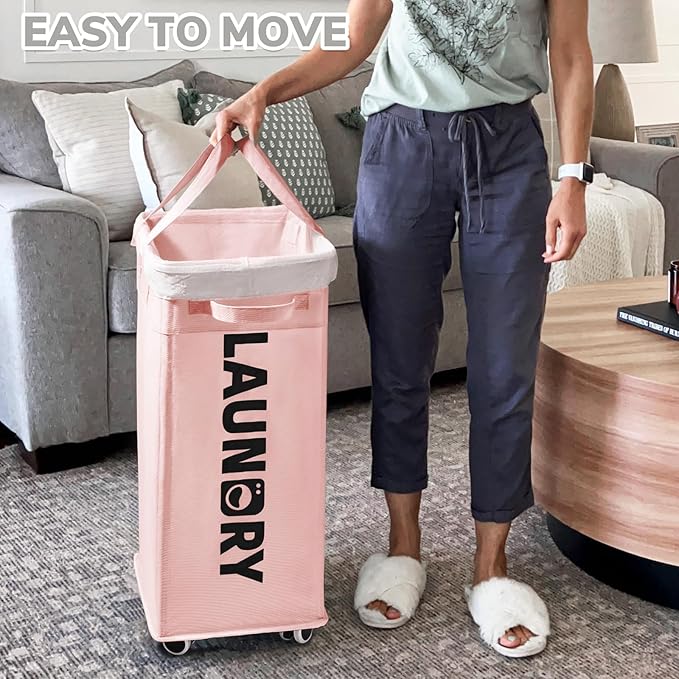 CHICVITA Laundry Hamper with Wheels 2-Pack, 75L Collapsible Laundry Basket with Removable Wash Bags, Pink Laundry Hamper for Corner Dorm, Rolling Laundry Basket on Wheels