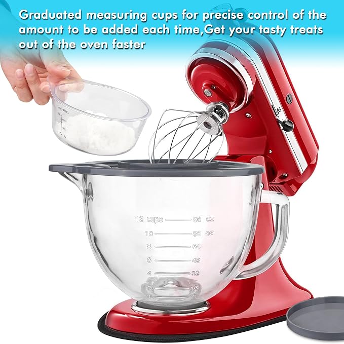 Glass Mixing Bowl 5 QT for KitchenAid 4.5 and 5 Quart Tilt-Head Stand Mixers, Measuring cups with scales, Fits Artisan KSM150, RRK150, KSM100, K45SS, KSM90, KSM95, K45, KSM110, 5KSM125