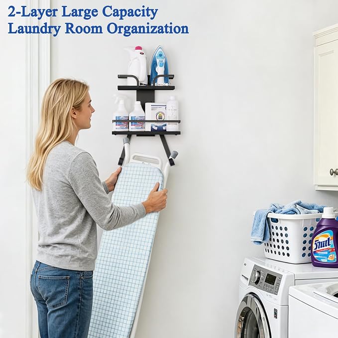 VINAEMO Ironing Board Hanger Wall Mount, 2-Layer Iron and Ironing Board Holder, Laundry Room Shelves Solid Wood with Removable Hooks Home Organization and Storage