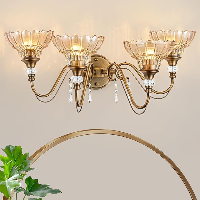 Vintage Bathroom Vanity Light, 4-Light Matte Antique Brass Finish Wall Sconce with Hanging Crystal Accents and Flower-Shaped Amber Glass Shades, Retro Wall Mount Vanity Light Over Mirror for Bathroom