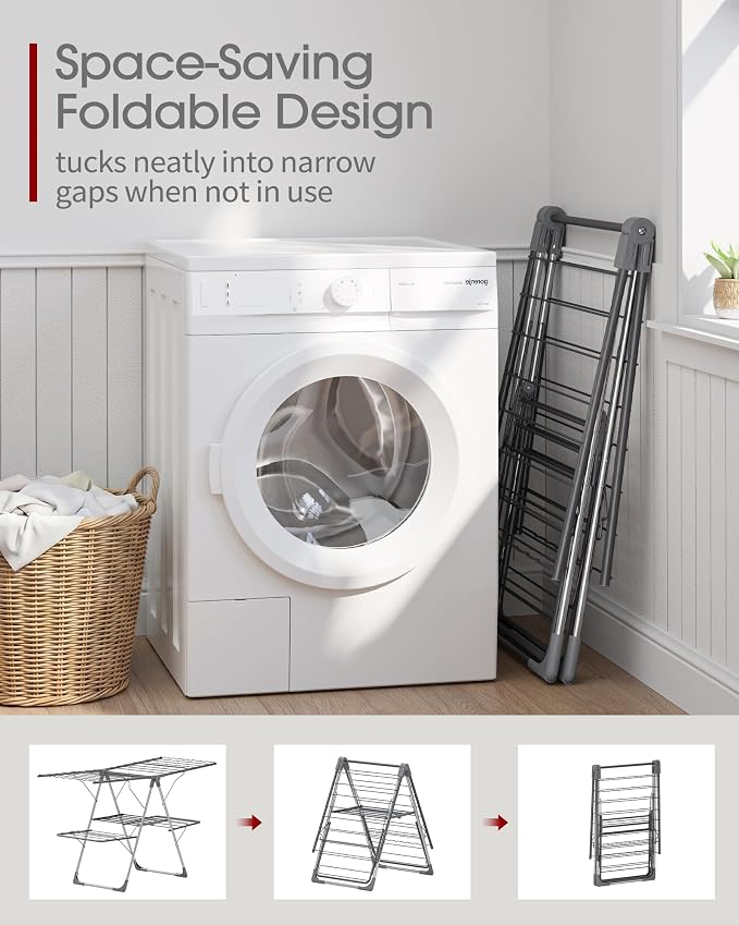 Sakugi Clothes Drying Rack, Foldable 2-Level Laundry Drying Rack with Height-Adjustable Wings, for Clothing & Bedding, Free-Standing Space-Saving Rack, Indoor & Outdoor, 55.5" L × 22.8" W, Gray