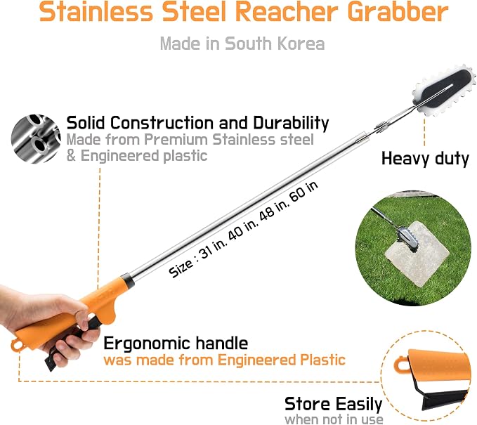 FTH Stainless Steel Grabber Reacher Pickup Tool Heavy Duty Trash Picker 31" | Log BBQ fireplace pits snake tongs plogging tool no wire design outdoor yard cleanup litter picker leaves branches sticks