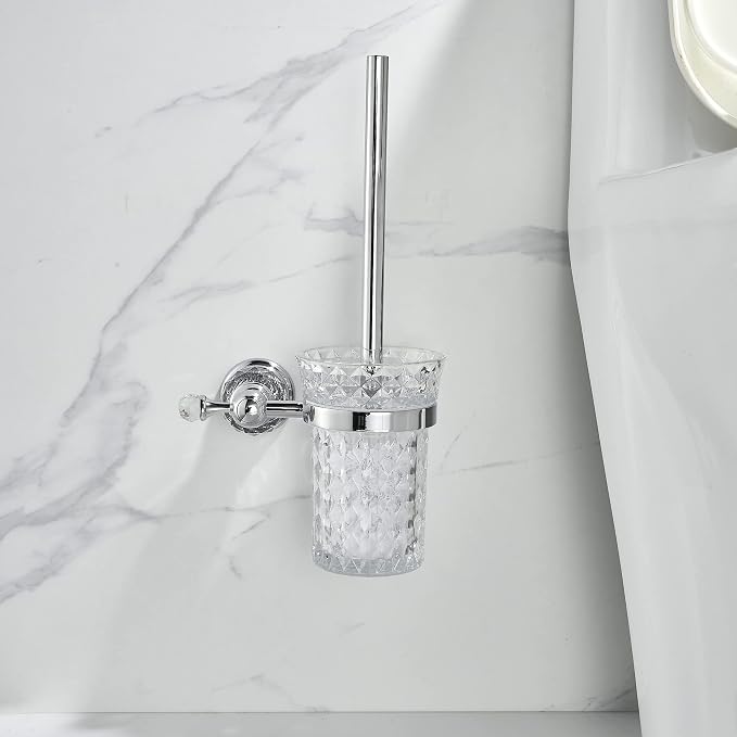 WOLIBEER Crystal Toilet Brush Holder, Chrome Toilet Cup Set with Polished Silver Brush Handle Wall Mounted for Bathroom - Decorative Design,Space Saving.