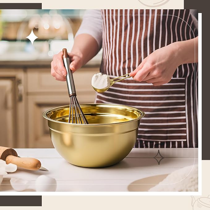 LemonRoad Gold Kitchen Accessories Set Includes 4 Quart Stainless Steel Colander, 3 Qt 5 Qt Gold Mixing Bowls with Airtight Lids, 1 Set Stainless Steel Measuring Cups and Spoons and Fine Mesh Strainer