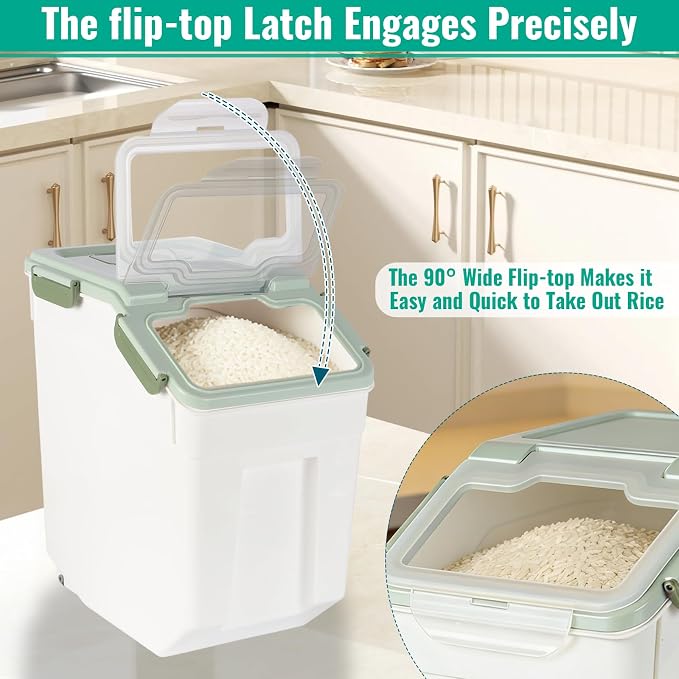 2 Pack Rice Container 25 lbs Large Bulk Flour Sugar Storage Holdhouse Plastic Grain Cereal Dry Goods Bin with Spoon and Measuring Cup for Kitchen Pantry Organization - Green