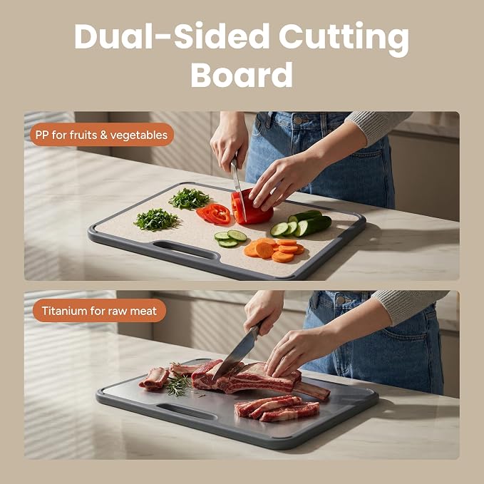 SMIRLY Titanium Cutting Board for Kitchen, with Holder, 3 Pack, Silver | Food-grade Titanium Surface with a Non-porous, Double-sided Design for Easy Cleaning and Hygienic Food Prep