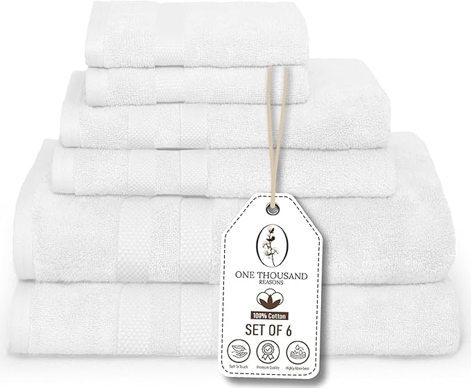 Premium Staple Cotton Bathroom Towel Set - White 600 GSM 6-Piece Luxury Bath Towel Set 3 Stripe - 2 Bath Towels, 2 Hand Towels & 2 Washclothes Set - High Absorbent & Quick Dry for Gym, Spa, Hotel