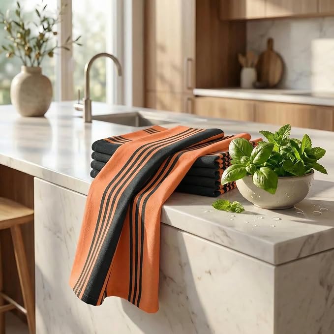 Urban Villa Kitchen Towels Cotton Dish Towels 20”x30” (Set of 6) Orange Blk