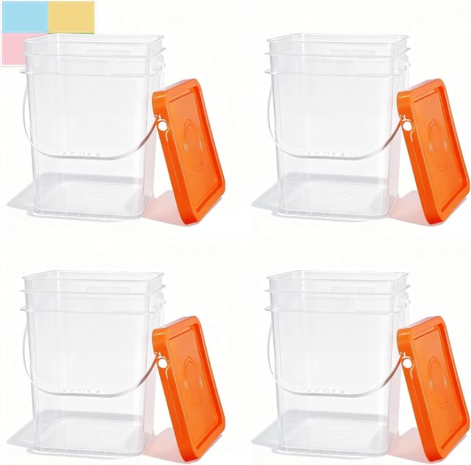 4 Pack 6.6 Gallon Square Plastic Bucket with Orange Lids, Heavy Duty Storage Containers with Handle, Large Clear Plastic Pail for Paint, Cleaning and Industrial Use, BPA Free