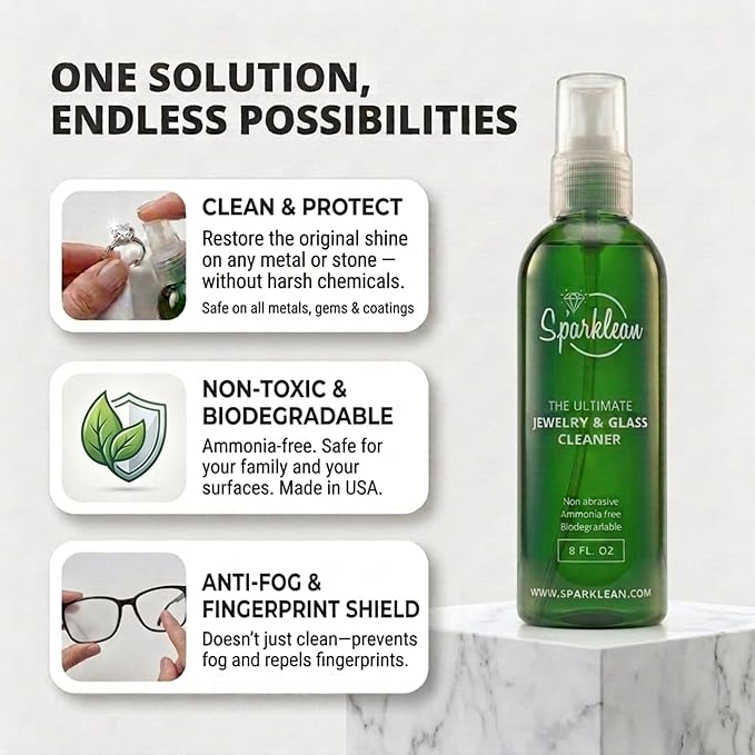 SPARKLEAN Jewelry Cleaner Spray 32oz · Bulk Refill + Ultrasonic Compatible · Safe on Gold, Silver, Diamond, Pearl · Anti-Fog Eyeglass + Lens Spray · Ammonia-Free pH-Balanced · Made in USA Since 2003