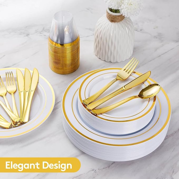Goodluck 420 Pieces Gold Disposable Plates for 70 Guests, Plastic Plates for Party, Dinnerware Set of 70 Dinner and 70 Dessert Plates, 70 Spoons, 70 Forks, 70 Knives, 70 Cups