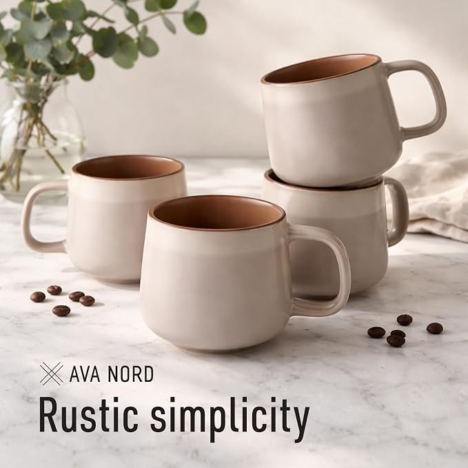 Ava Nord Large Stoneware Ceramic Coffee Mugs Set of 4-16 oz - Rose Sand | Lead-Free, Non-Toxic, Freezer - Microwave & Dishwasher Safe, Comfortable Handle, Aesthetic Nordic Design for Tea, Cappuccino