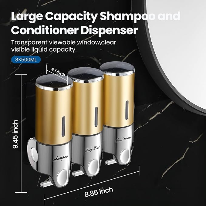 EXIN DECHEN Shampoo and Conditioner Dispenser(Triple x 16.9 oz,Golden) | Easy Installation,Wall-Mounted,Bottle Separable,Large Capacity,Shower Shampoo Conditioner Body Wash Dispenser for Bathroom