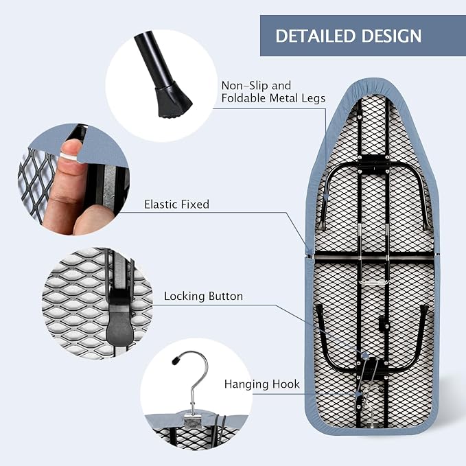 SheeChung Small Ironing Board 12"x32",Mini Ironing Board with Metal Mesh | Foldable,Tabletop,Hanging Hook,Cotton Cover,Heat Resistant Pad,Space Saving,Non-Slip Feet,Fits for Dorm Travel Sewing Room