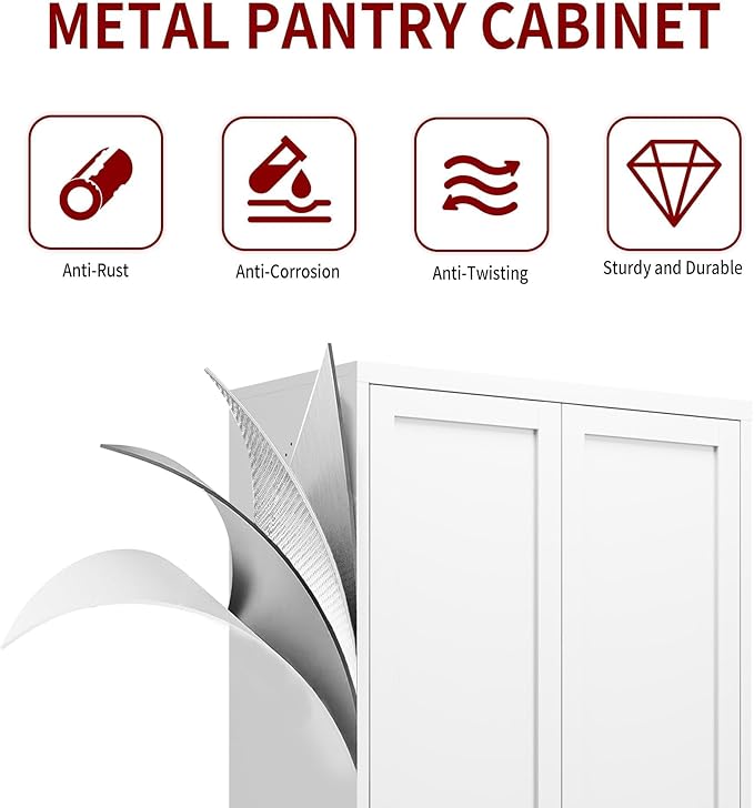 AQY Kitchen Pantry Cabinet,61" White Pantry Storage Cabinet with 4 Tier Adjustable Shelves and 2 Doors,Freestanding Cupboard,Metal Pantry Cabinets with Handle for Living Room Kitchen Assembly Required