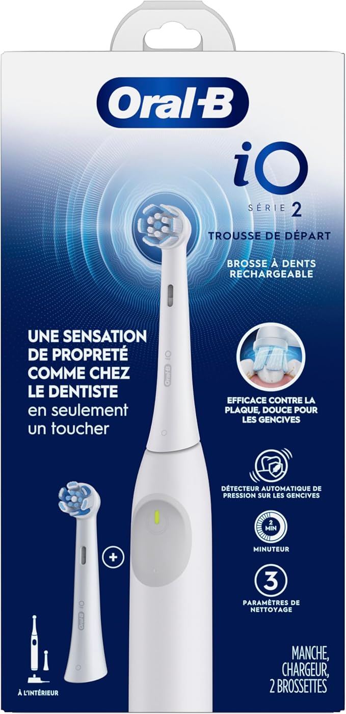 Oral-B Rechargeable Electric Toothbrush, iO2 Starter Kit, 3 Cleaning Modes, Automatic Pressure Sensor to Protect Gums, 2 Brush Heads, Pure White (Pack of 3)