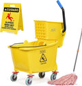 Matthew Cleaning 34 Quart Commercial Mop Bucket INCL.Wet String Mop with Side Press Wringer On Wheels,Heavy Duty Tandem Portable Floor Cleaning Wavebrake,Ideal for Household,Industrial,Restaurant