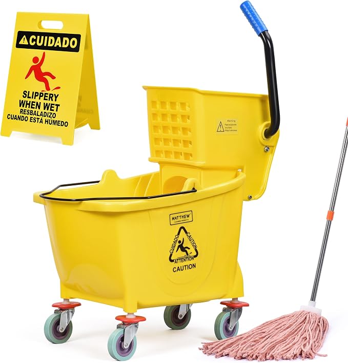 Matthew Cleaning 34 Quart Commercial Mop Bucket INCL.Wet String Mop with Side Press Wringer On Wheels,Heavy Duty Tandem Portable Floor Cleaning Wavebrake,Ideal for Household,Industrial,Restaurant