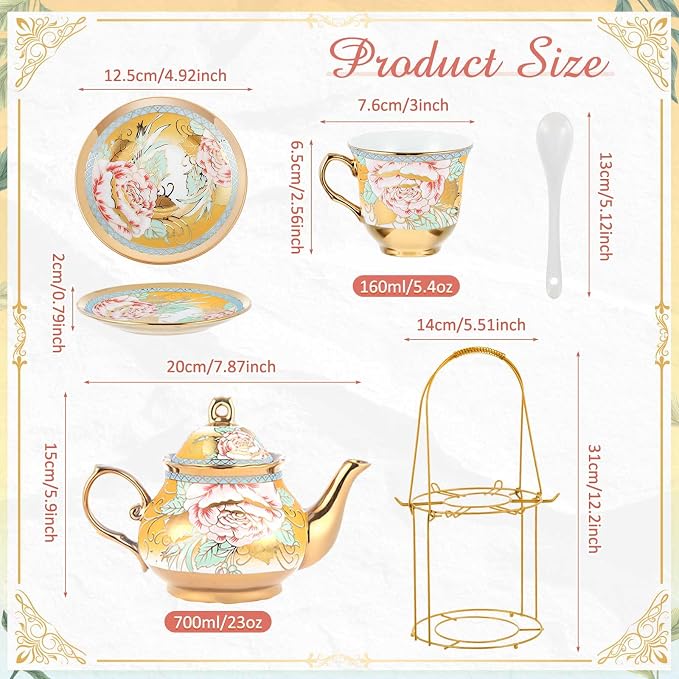 Zhehao 20 Pcs Porcelain Tea Set with Metal Holder and Spoon Adult Ceramic Tea Set European Flower Painting Teapot Cup Saucer Spoon for Women Mom Gift, Large Version (Classic Style)