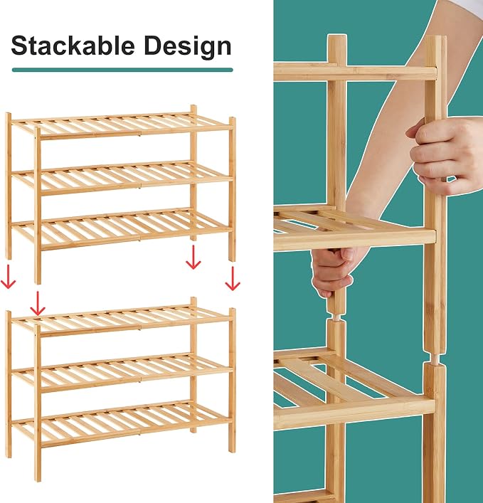 viewcare 6-Tier Bamboo Shoe Rack for Entryway, Stackable | Foldable | Natural, Shoe Organizer for Hallway Closet, Free Standing Shoe Racks for Indoor Outdoor