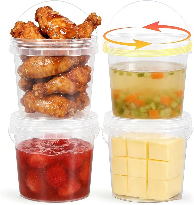 4 Pack 64oz Food Grade Plastic Buckets with Screw Lids & Handle, Reusable Storage Containers for Snacks, Salad, Sauce - Clear Freezer Safe Bucket Set