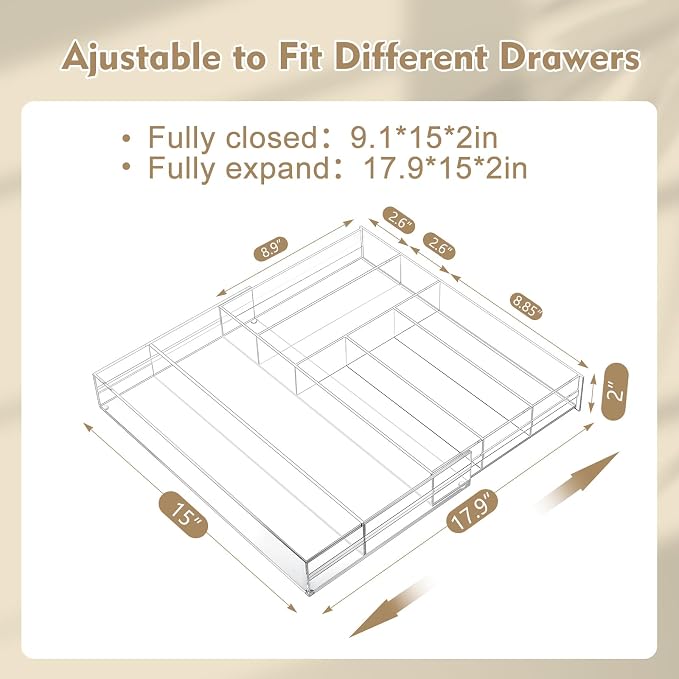 Briwooody 1 Pcs Acrylic Desk Drawer Organizer 9'' up to 18'' x 15'' x 2.1'' Expandable Drawer Organizer Trays with 7 Adjustable Compartments Clear Desk Accessories for Makeup Office Bathroom
