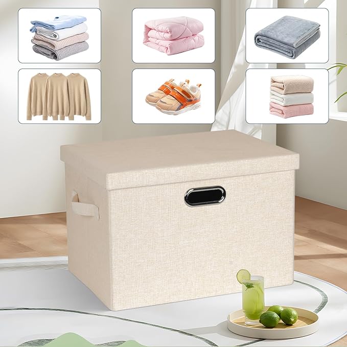 Graciadeco Large 17" 36 Quart Collapsible Stackable Storage Bins with Lids, 3 Packs Light Orange Linen Fabric Closet Boxes with Lids, Storage Cube Baskets Container Organizers for Office (17x12x11)