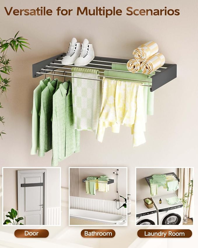 Vikaqi Wall Mounted Clothes Drying Rack 40", Foldable Wall Mount Laundry Rack Folding Indoor, Drying Rack Clothing Collapsible, Hidden Space Saver with Wall Template, 6 Rods, Black