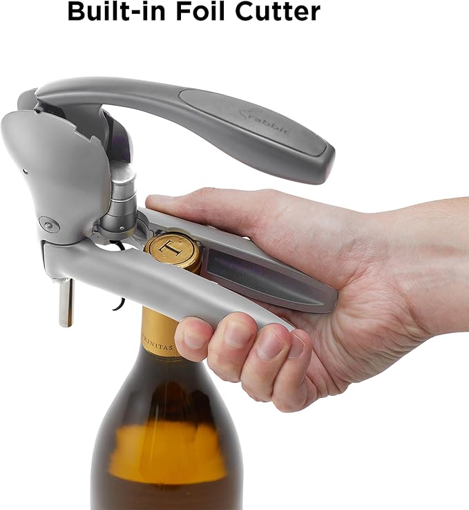 Rabbit Lever Corkscrew Wine Opener with Built-In Foil Cutter – Easy-to-Use Manual Wine Bottle Opener for All Cork Types, Ergonomic Design for Effortless Uncorking