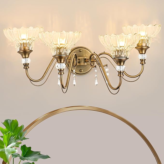 Vintage Bathroom Vanity Light, 4-Light Matte Antique Brass Finish Wall Sconce with Hanging Crystal Accents and Flower-Shaped Clear Glass Shades, Retro Wall Mount Vanity Light Over Mirror for Bathroom