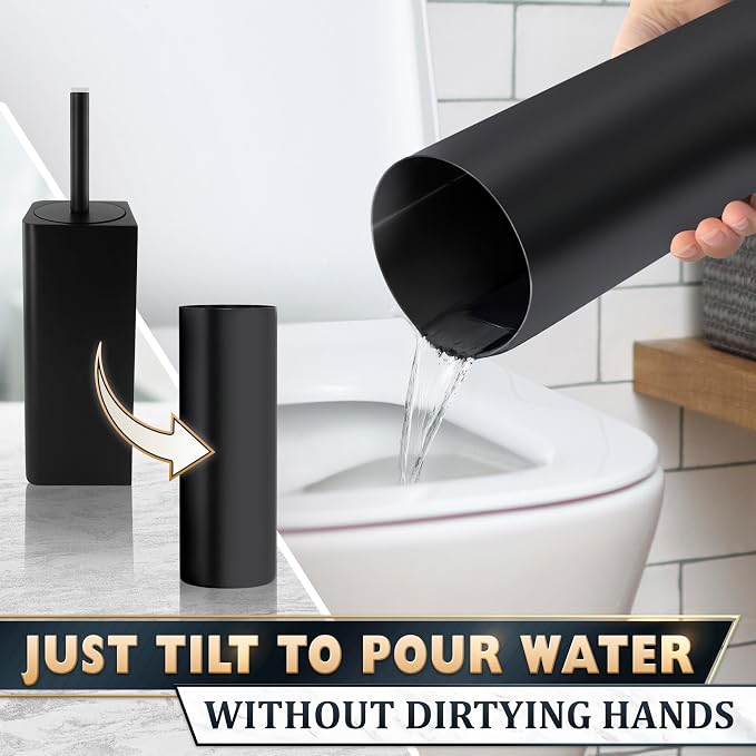 Black Toilet Brush and Holder Set - Slim Matte Design that Fits Anywhere - Stainless Steel Toilet Bowl Brush and Holder with 2 Rounded Corners, Replaceable Head, Removable Inner Bowl & Splash Guard