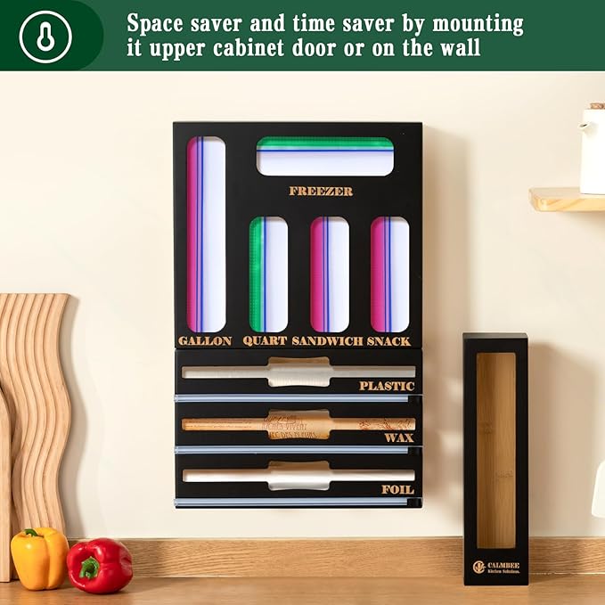 Calmbee 9 in 1 Bamboo Storage Bag Organizer for Kitchen Drawer – Plastic Wrap Dispenser with Cutter & Foil Organizer, Wooden Baggie Organizer for Sandwich, Snack, Gallon, Quart Sizes, Black