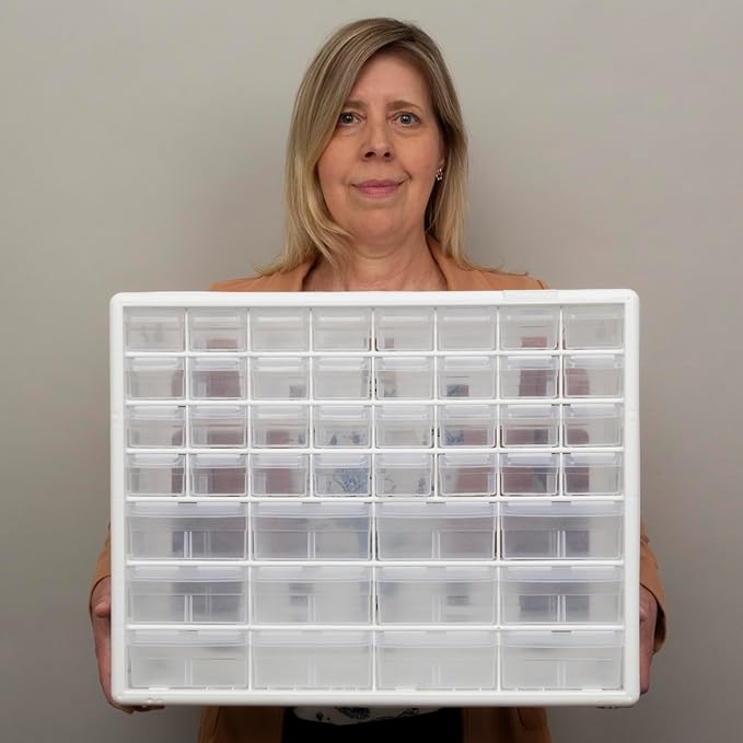 Akro-Mils 44-Drawer Plastic Drawer Storage Cabinet for Garage Organization, Bead Organizer, Building Bricks Storage, Teacher Toolbox, Makeup Organizer, 20-Inch W x 6-Inch D x 16-Inch H, 10144 White