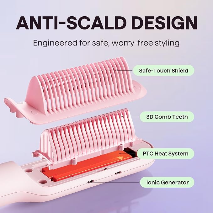 Wavytalk Hair Straightener Brush, Sleek Sweep Ionic Straightening Brush, Anti-Scald Ceramic Straightener Comb with LED Display for Super Smooth Hair, Dual Voltage, Pink.